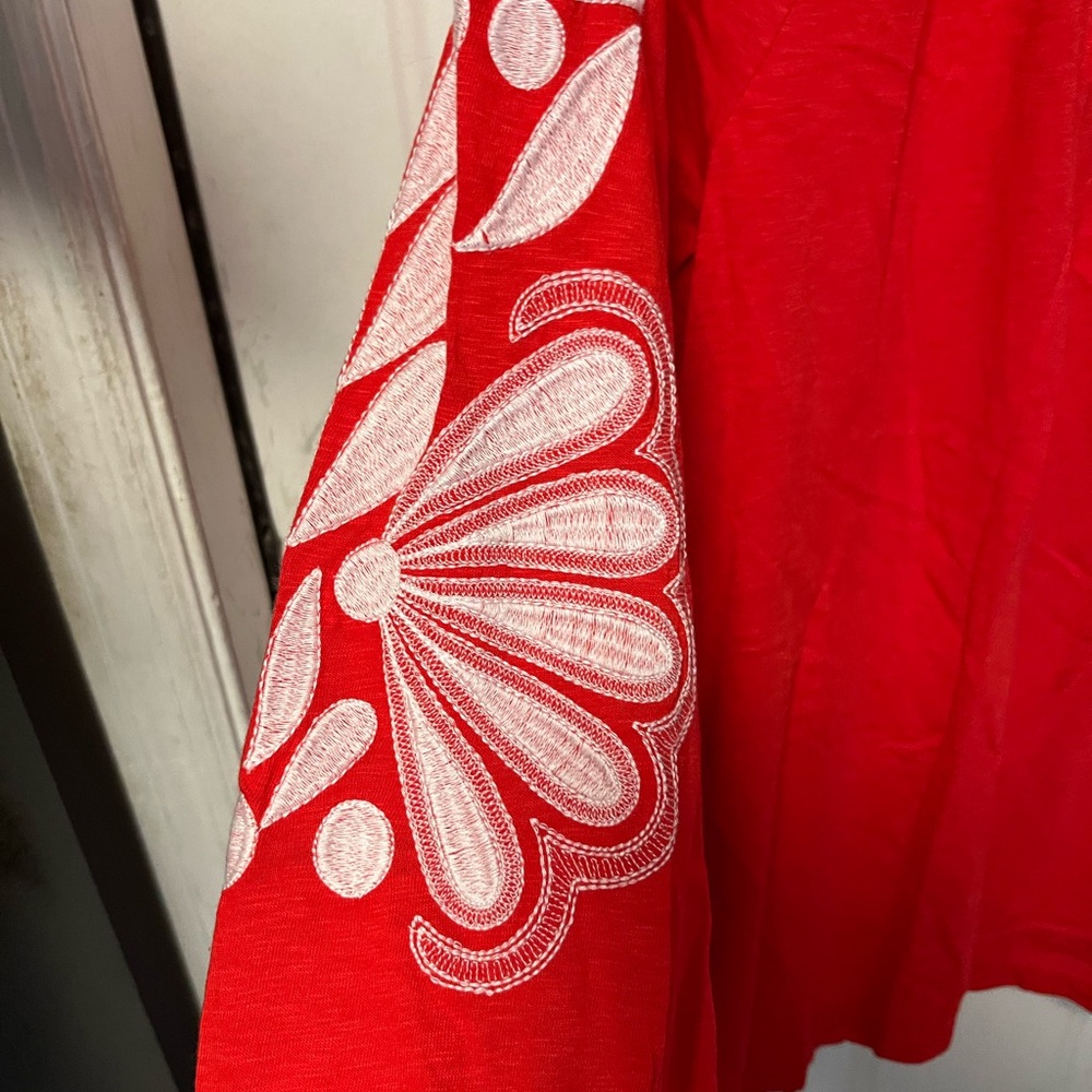 Talbots Red Blouse with White Embroidery see note - Picture 2 of 5
